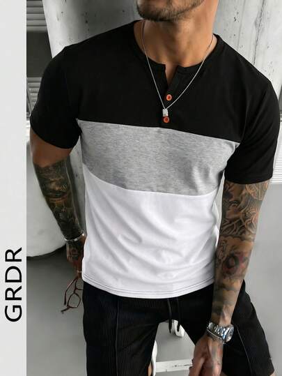 GRDR 1 pieza Camiseta de manga corta casual de cuello en V con contraste de color para hombre, nueva para el verano