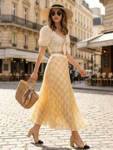 Chân váy midi xếp ly bằng chiffon mỏng, cạp chun kẻ caro vàng dành cho nữ - Chân váy thướt tha thanh lịch cho mùa xuân/hè. - Màu vàng - Xem 3