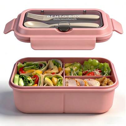 1个防漏便当盒，含餐具，可微波炉加热，三格设计，户外午餐盒，分隔式餐盒，带安全锁扣盖，适合学校、工作和户外用餐，返校必备