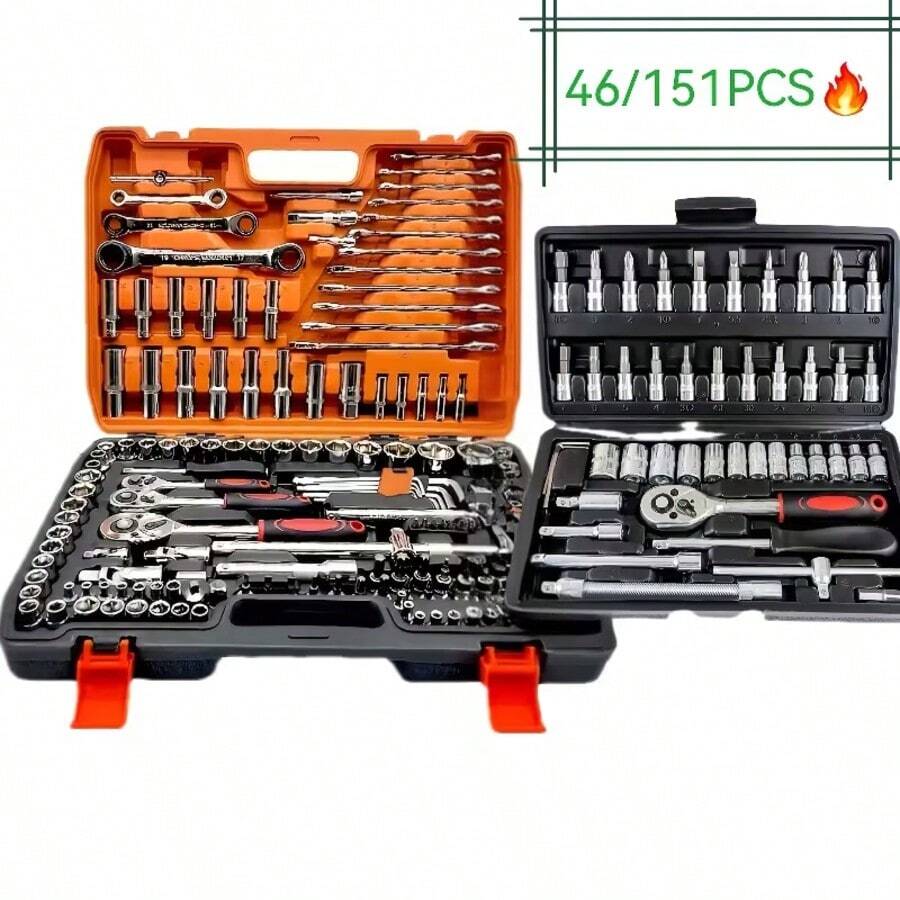 151pcs/46pcs Professional Heavy Duty Multipurpose Automotive Tool Set, With Impact-Resistant Box, Socket Wrenches, Impact Sockets, Ratchet Wrenches, Spanners, SAE/Metric, Deep & Shallow Sockets, Racing & General Repair Tool Kit, Suitable For Cars, Trucks, Motorcycles, ATVs, Boats, RVs, Heavy Machinery Maintenance - Metal Structure, Ergonomic Storage Box, Ideal For Mechanics And DIY Enthusiasts