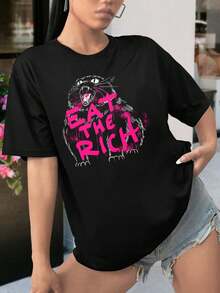 Women's Black Cat Eat The Rich T-Shirt Funny Kitty Ladies Tee Tax The Rich Top Cool Comfortable Stylish Apparel Everyday Wear Casual Fashion Girl Gift New Collection - 黑色 - 查看 2