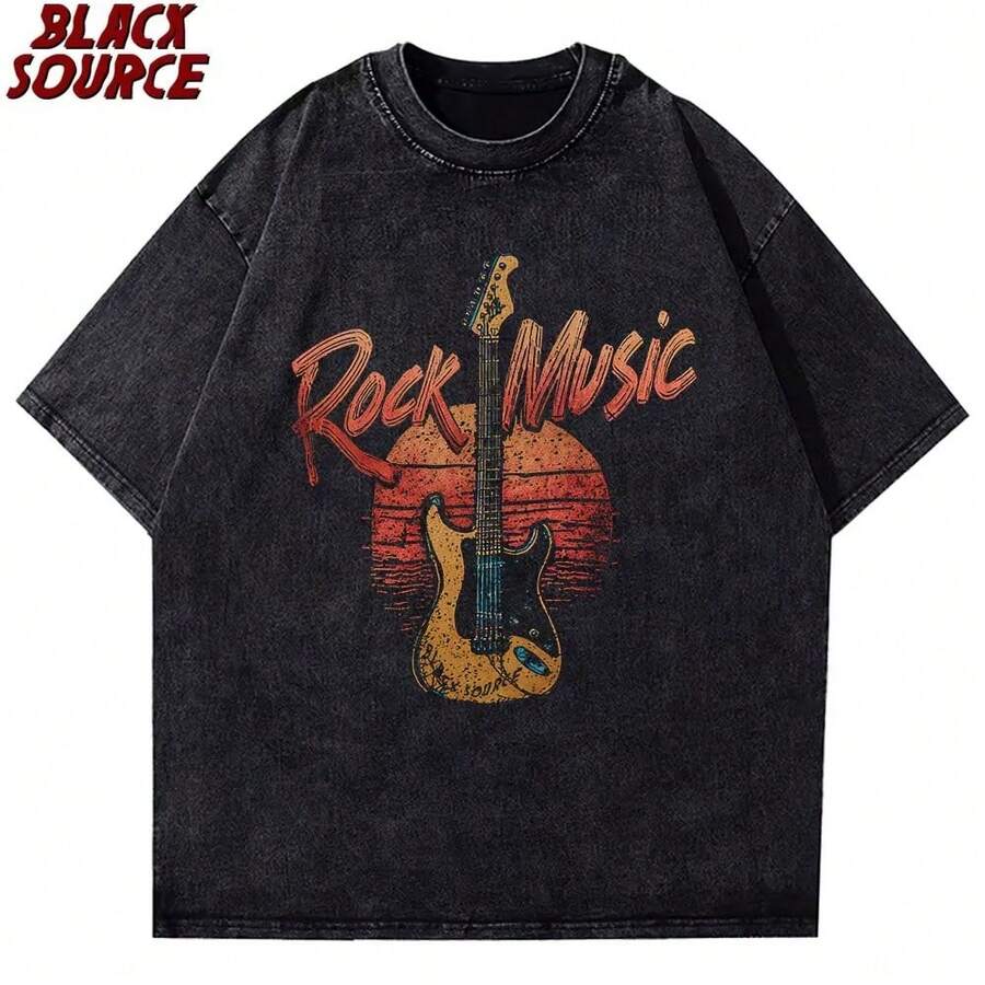 T366 Rock Band T Shirt Men Women Fashion Casual Graphic Short Sleeve Short Sleeve Plus Size T Shirt - 黑色 - 查看 1