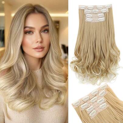 14英寸夹式接发片，4片装波浪卷发接发片，深金色带挑染，女士接发片