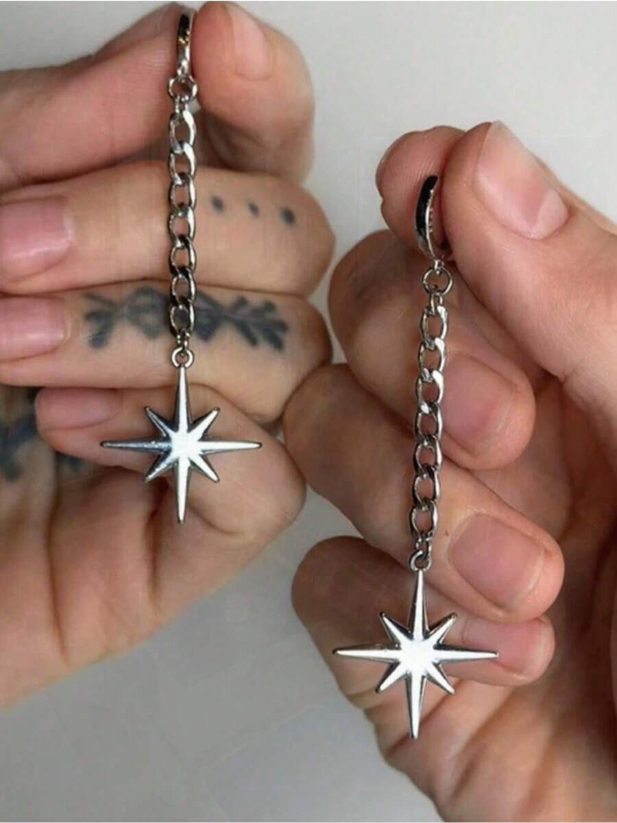 Gothic Eight-Pointed Star Chain Tassel Earrings For Uni - Unique Puncture Ear Studs For Fashion-Forward Accessory Styles - 耳環 - 查看 1