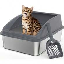 Caja de arena de acero inoxidable caja de arena de metal para gatitos con cuchara antifugas de orina antiadherente incluye cuchara de arena - Gris - Ver 7