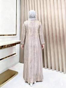 Women's Elegant Arabic Abaya, Woven Fabric, Striped Pattern, Formal Dress Suitable For Special Occasions Fall - Apricot Stripes - View 4