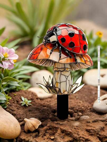 1 pieza Decoración exterior plana impresa en 2D, decoración realista y vibrante - Escultura de mariquita y seta para jardín, de material acrílico para colocar en el suelo, adecuada para césped, jardín, decoración del paisaje, excelente para decoración de bodas, decoración exterior vibrante, iluminación exterior duradera, decoración de setas