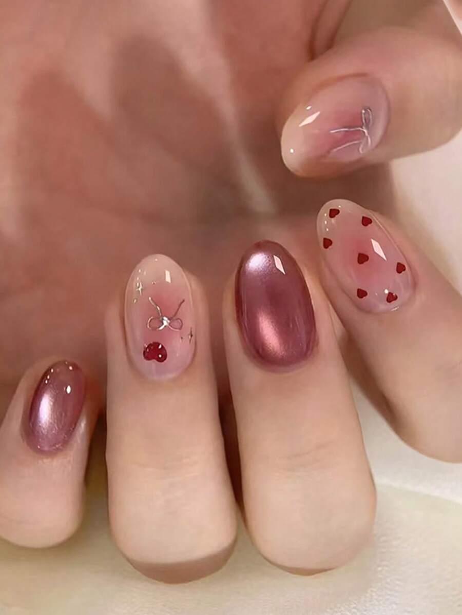 30片橢圓形美甲貼紙,可愛貓眼、酒紅、愛心、腮紅、金屬蝴蝶結裝飾,優雅歐美Ins風,可撕除美甲貼片,適合日常配戴,含1個指甲锉+1瓶凝膠指甲油 - 彩色 - 查看 1