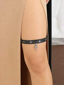 1件哥特式Y2K新月吊坠仿皮大腿吊袜带 - 黑色 - 查看 3