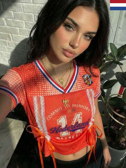 Women's Summer/Spring Casual Sheer Mesh V-Neck Lace Patchwork Drawstring Cropped T-Shirt, All-Over National Flag Print, Blokette Blokecore Style, Breathable & Cool, Summer/Spring Clothing, Summer/Spring Tops, Summer/Spring Apparel, Outdoor Wear, Sports Fashion, Match Day Essential, Football Game Attire, Women's Summer Tops