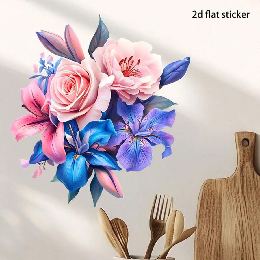 1pc 2D Healing Powder Blue Floral Cluster Forest Fairy Daisy Wall Sticker, Natural Color Transition, Instantly Adds Romantic And Fresh Atmosphere To Space. Made Of PVC Material, Moderate Adhesiveness And No Residue, Suitable For Living Room Background Wall, Sofa Background Wall - مقاس واحد - مشاهدة 1