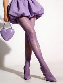 1条弹力光滑紧身连裤袜，半透明法式爱心印花丝袜，性感踩脚打底裤，显瘦连裤袜，时尚百搭，适合情人节、万圣节、约会、派对等场合。 - 紫色 - 查看 3