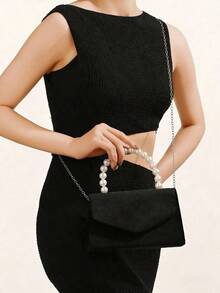 1pc Women's New Pearl Velvet Wrist Bag, Evening Bag, Collar Bag, Chain Bag, Dress Bag, Wedding Bag. Suitable For Parties, Birthday Parties, Proms, Bars, Nightclubs, Birthday Gift, Mother's Day Gift - màu đen - Xem 8