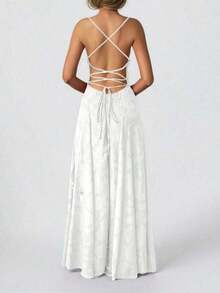 Women's & Elegant Summer Dress With Drawstring Waist And Backless Design, Made Of Jacquard Fabric, Suitable Vacation, Beach, Date, Back To School, Wedding, Party And Other Occasions - Trắng 2 - Xem 3