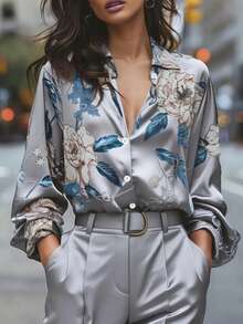 Elegant Women's Floral & Leaf Print Button-Down Shirt, Suitable For Vacation And All Seasons Spring - Silver - View 8