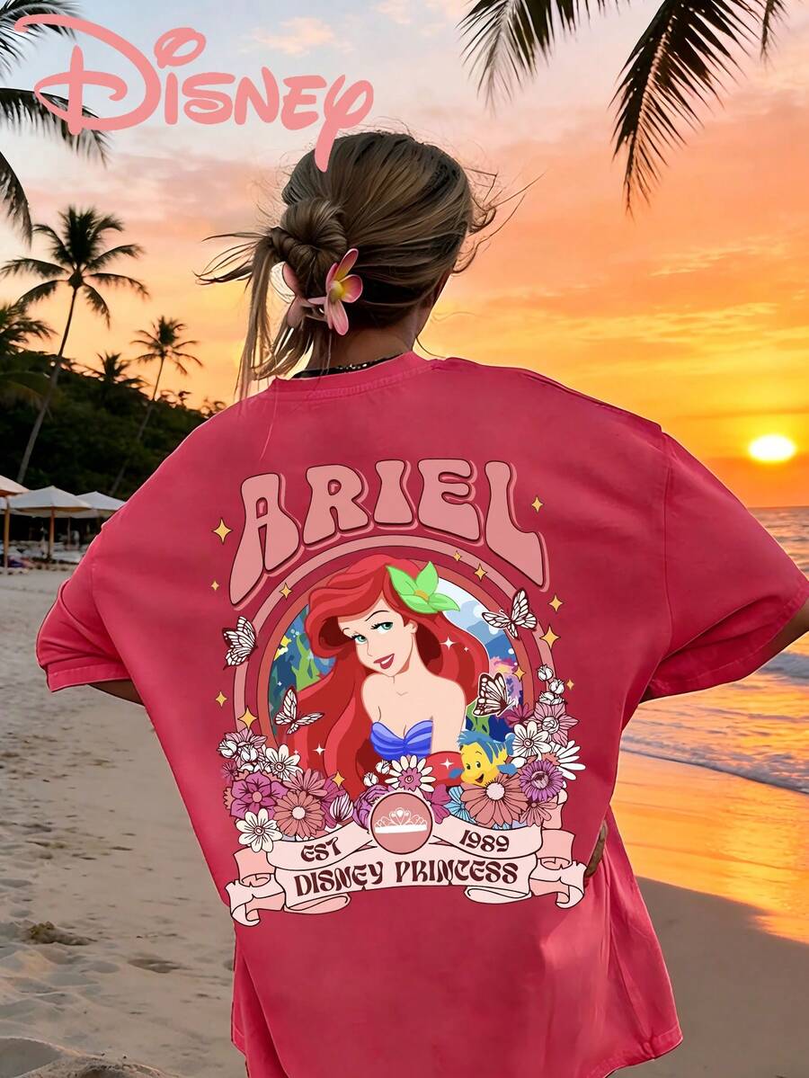 Casual Women's Disney Ariel Short Sleeve Round Neck Sweatshirt With Regular Hem And Slight Stretch Fabric - Hồng - Xem 1