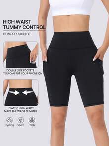 Spring/Summer Women's Solid Color Sports Shorts With Pockets, Elastic Compression Tight FitBermuda Shorts For Fitness, Pilates, Yoga, Outdoor Running, Cycling - Black - View 1