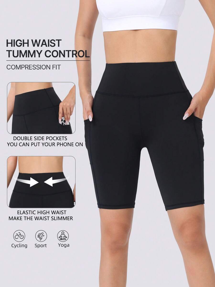 Spring/Summer Women's Solid Color Sports Shorts With Pockets, Elastic Compression Tight FitBermuda Shorts For Fitness, Pilates, Yoga, Outdoor Running, Cycling - Black - View 1