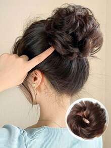 1件装高马尾假发，女士自然蓬松发髻，花朵形发箍，懒人发型配饰假发套装，发绳头饰。 - 彩色 - 查看 3