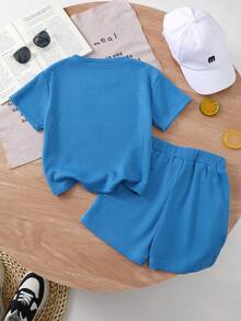 Young BoySummer Waffle Fabric Patchwork Contrast Color Casual Sports Set - Blue - View 3