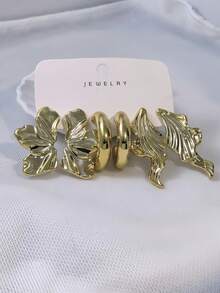 2/6/18 piezas Juego de aretes elegantes en tono dorado para mujeres, incluye flores para la oreja izquierda y derecha, en forma de C suave, lágrima de rayas verticales, diseño floral, adecuado para uso diario, viajes, vacaciones, citas, fiestas de noche, atuendo casual - Dorado - Ver 8