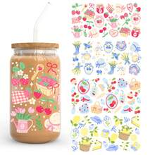 16oz Glass Cup Sleeve, Retro Countryside Style Cherry, Lemon, Blueberry Picnic, Countryside Style UV Protection DTF Cup Sleeve, Cute Countryside Style Fruit & Floral UV Protection DTF Cup Sleeve Fits Glass Cups, Bottles, Mugs, Waterproof UV Protection DTF Sticker Fits Notebooks, DIY Decoration, Water Bottles, Gift For Girl Friends - Rectangle - View 2