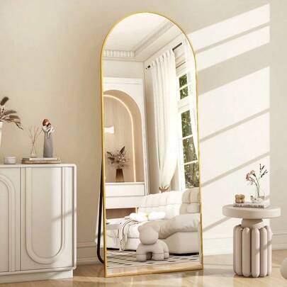 Arched Full Length Floor Mirror With Stand - 64.1 X 21.1 Inch Sturdy MDF Frame Full Body Mirror, Shatter-Proof Glass, Freestanding Or Wall Mounted, Gold Finish For Bedroom, Living Room, Entryway