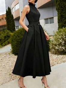 Women's Elegant Tie-Waist A-Line Dress, New Spring/Summer & Summer/Autumn Styles, Sleeveless V-Neck, Office/Commute Dress Black - 杏色 - 查看 9