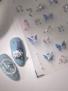 5D珍珠蝴蝶美甲贴纸，全息水晶仙女玫瑰蝴蝶结贴花，春日魅力箔纸包装 - 淺藍色 - 查看 2