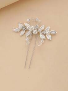 2 piezas Horquillas de pelo vintage plateadas con perlas y diamante de imitación, accesorios de pelo nupciales hechos a mano, diseño de hoja en forma de U Clips de pelo para boda - Plateado - Ver 3