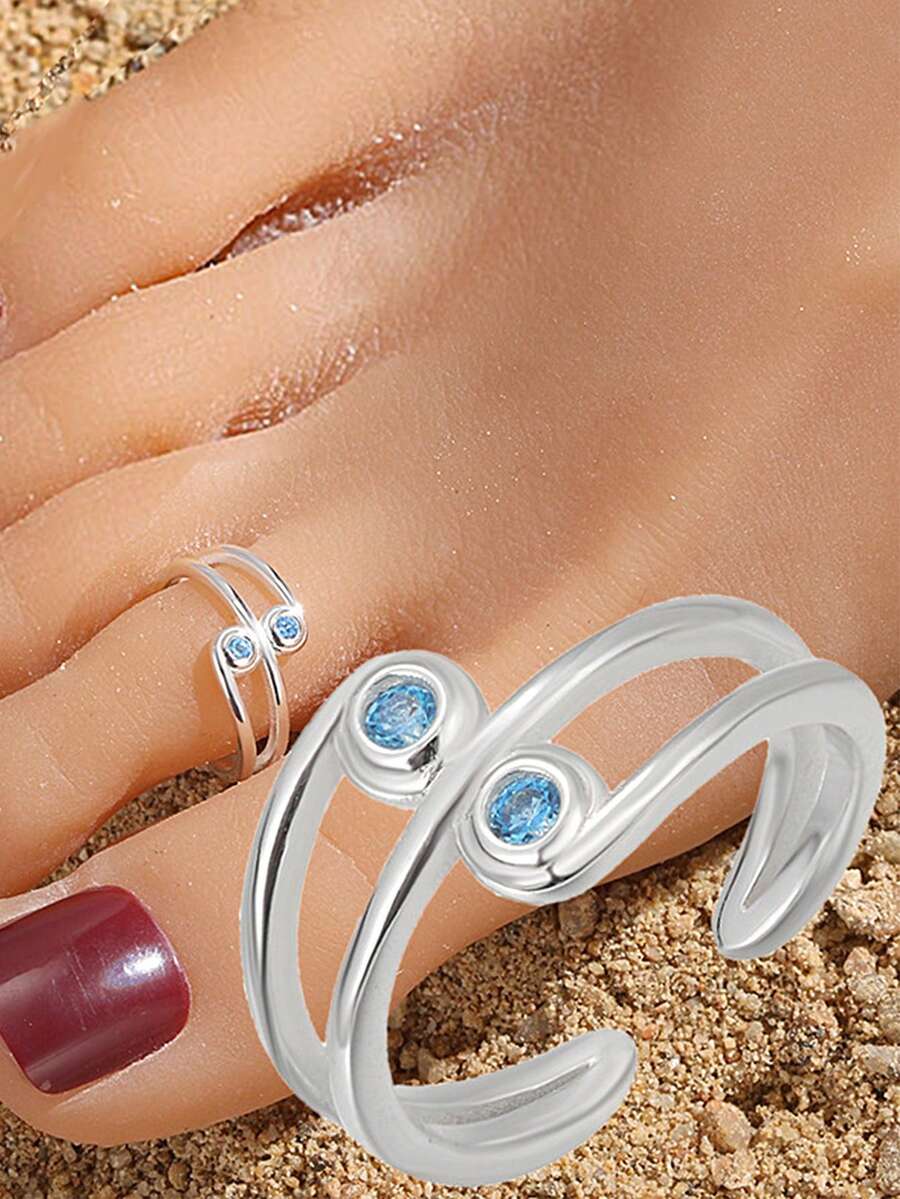 1件S925纯银极简平行线几何脚趾戒指，优雅个性时尚可调节奢华度假配饰