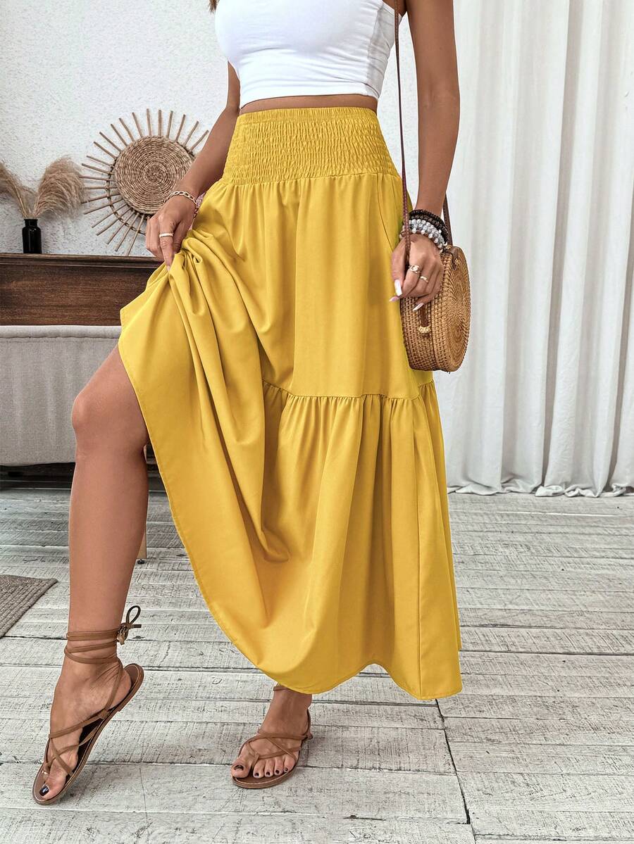 Women's Long Floral Casual Elastic Waist Pocket Ruffle Hem A-Line Maxi Skirt Spring
