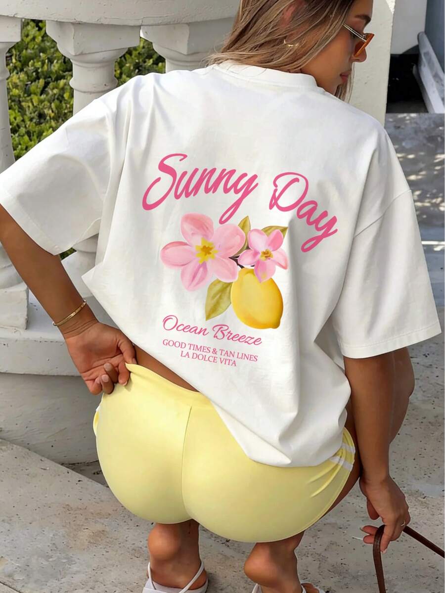 Áo thun nữ tay ngắn cổ tròn in họa tiết hoa chanh, kiểu dáng thường ngày, thích hợp cho kỳ nghỉ hè đi biển. - mai nhẹ - Xem 1