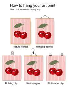 1pc Frameless Cherry Themed Canvas Art, Featuring Cute Cartoon Design With Pink Stripes, Red Cherries And Green Leaves, Suitable For Contemporary Home Decor, Can Be Placed In Living Room, Bedroom Or Workspace - Multicolor - View 4