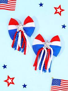 2 pièces Épingles à cheveux avec nœuds pour le 4 juillet et le Memorial Day, nœuds de cheveux à pompons bouclés blanc bleu rouge, épingles à cheveux avec étoiles pailletées et rayures, barrettes de drapeau américain, accessoires de cheveux mignons pour cadeaux de fête des filles - Multicolore - Voir 1