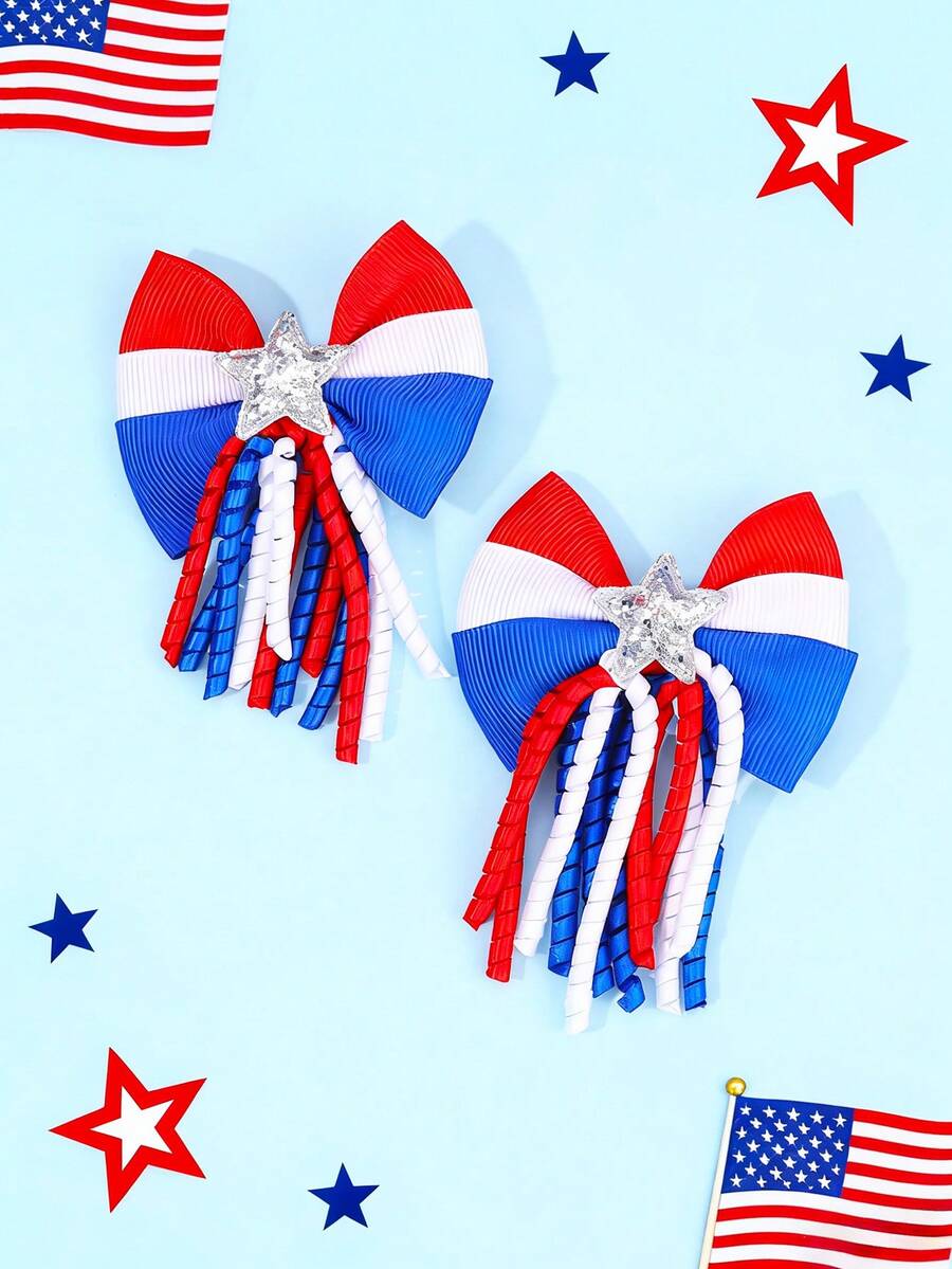2 pièces Épingles à cheveux avec nœuds pour le 4 juillet et le Memorial Day, nœuds de cheveux à pompons bouclés blanc bleu rouge, épingles à cheveux avec étoiles pailletées et rayures, barrettes de drapeau américain, accessoires de cheveux mignons pour cadeaux de fête des filles - Multicolore - Voir 1