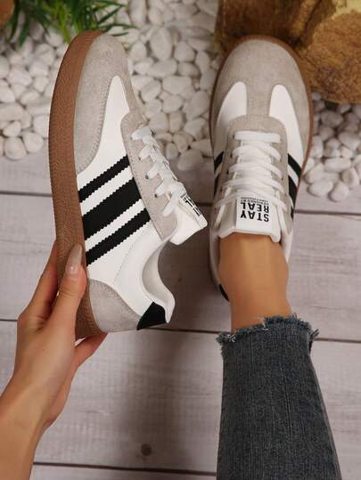 Giày thể thao đế bằng mới dành cho nữ - Giày thể thao buộc dây đa năng, phối màu sọc bên hông, phù hợp cho cả bốn mùa, đi làm hàng ngày, tập luyện, leo núi, hoạt động ngoài trời, trường học, mặc thường ngày.