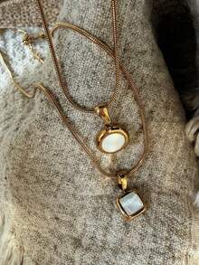 1pc Elegant Stainless Steel Gold Square & Round Pendant Necklace, Suitable For Beach Vacation And Daily Wear - Necklace - View 3