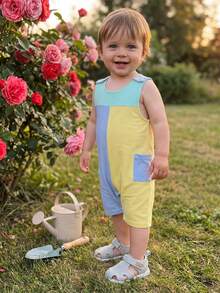 Baby Boys Summer Romper Casual Contrast Colors Sleeveless Jumpsuit For Newborn Toddler Cute Clothes - Blue - View 4