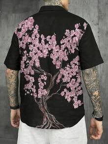 FRACTYR 男士夏季休闲街头樱花印花短袖衬衫，双面可穿，宽松版型，新中国风，透气亲肤休闲衬衫 - 黑色 - 查看 5