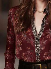 女士酒红色衬衫，时尚花卉豹纹拼接休闲通勤开衫衬衫，舒适百搭，适合所有季节度假穿着。 - 酒紅色 - 查看 9