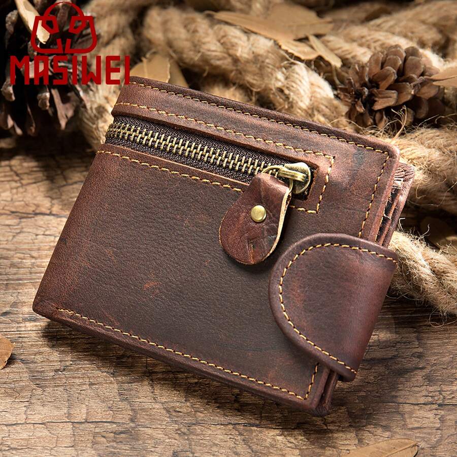 Popular Crazy Horse Leather Short Wallet Genuine Leather Men's Buckle Wallet Multi-Card Slot Card Holder Coin Purse - cà phê - Xem 1