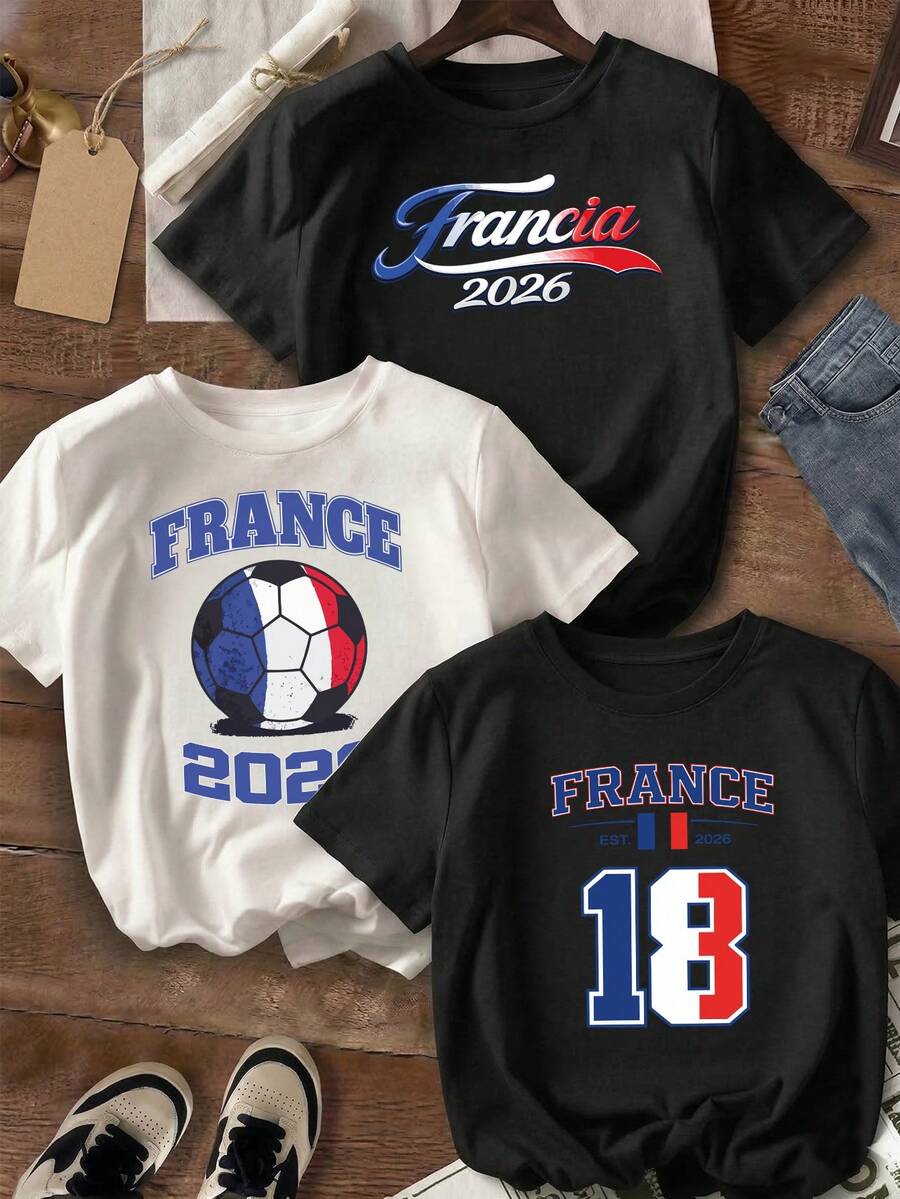Paquete de 3 camisetas para mujer de 100 algodón, cuello redondo y manga corta, excelente calidad, cómoda y suave al tacto, con estampado de diseño del mundial de futbol 2026, copa del mundo, soccer, México, EU y Canadá, mundial, equipos, paises favoritos - Francia - Ver 1