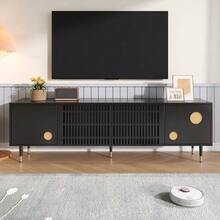 TV-Schrank, TV-Möbel mit Gitterstruktur, versteckten Griffen, Golddekor. Wohnzimmermöbel. Zwei Turen aus Massivholz - nero - Visualizzare 3