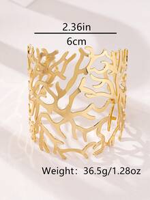 一件式夸张镂空几何十字图案叶子女士开口手镯戒指套装，小众夸张高端复古风格，适合日常佩戴，节日礼物 - 金黃色 - 查看 5