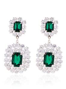 2pcs Minimalist Square Geometric Crystal Earrings, Full Diamond Earrings For Women Wedding Party - Silver Green - View 4