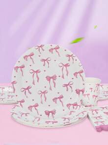 10pcs/20pcs/50pcs/80pcs Pink Bow Party Tableware Set - 9 /7 Inch Paper Dessert Plates ,Paper Cups ,Scalloped Edge Paper Napkins - Watercolor Pink Bow Heart Pattern Fancy Tableware For Coquette Bridal Shower, Princess Birthday, Tea Party Wedding Decor - Multicolor - View 6