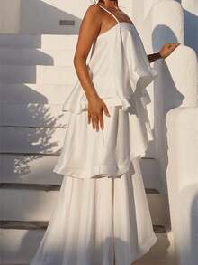 Elegant White Party Dress For Women Sleeveless A-Line Long Formal Gown With Asymmetrical Neck & Layered Woven Fabric Hem - trắng - Xem 2