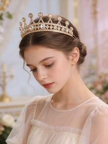 1件欧美新娘伴娘皇冠头饰，合金水晶皇冠发饰，适合晚礼服，公主风 - 金色 - 查看 4