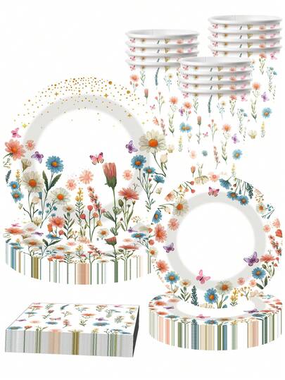 10件套野花主题派对用品，包括纸盘、餐巾纸和马克杯，一次性春季花卉设计，适合派对、生日、春夏野餐、婚礼、下午茶等，可供10位客人使用。